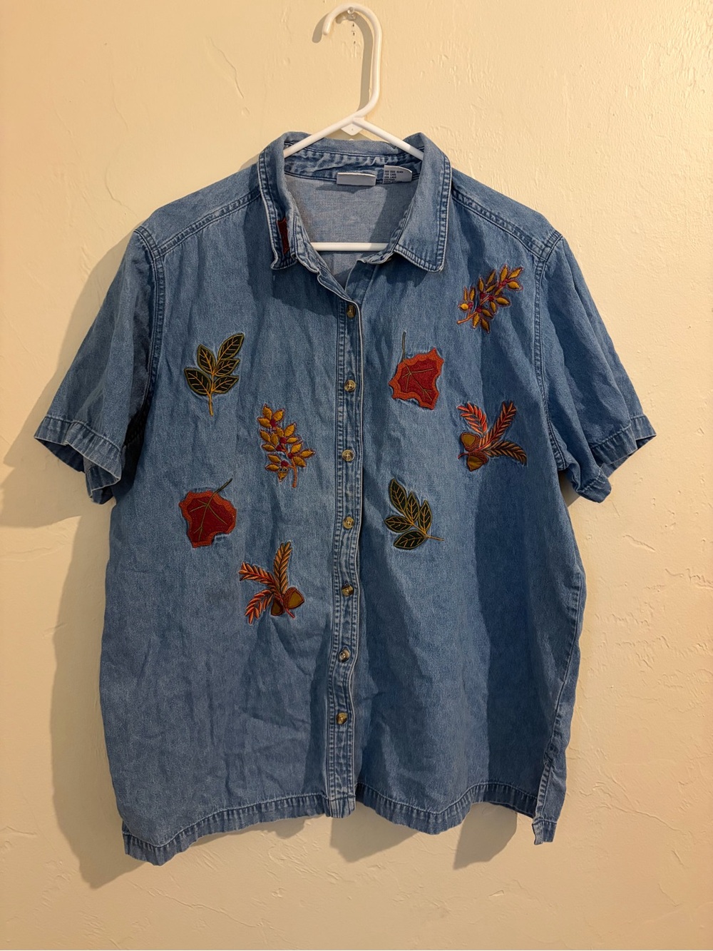 Bobbie Brooks Light Blue Denim Button-Down Shirt with Red & Green Embroidery